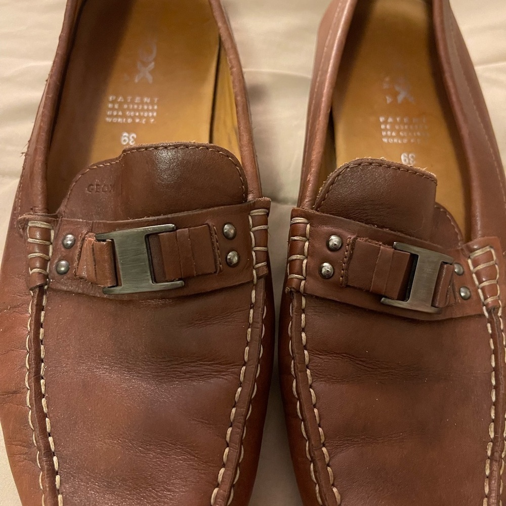 Geox Chestnut Leather Loafers with Buckle Detail